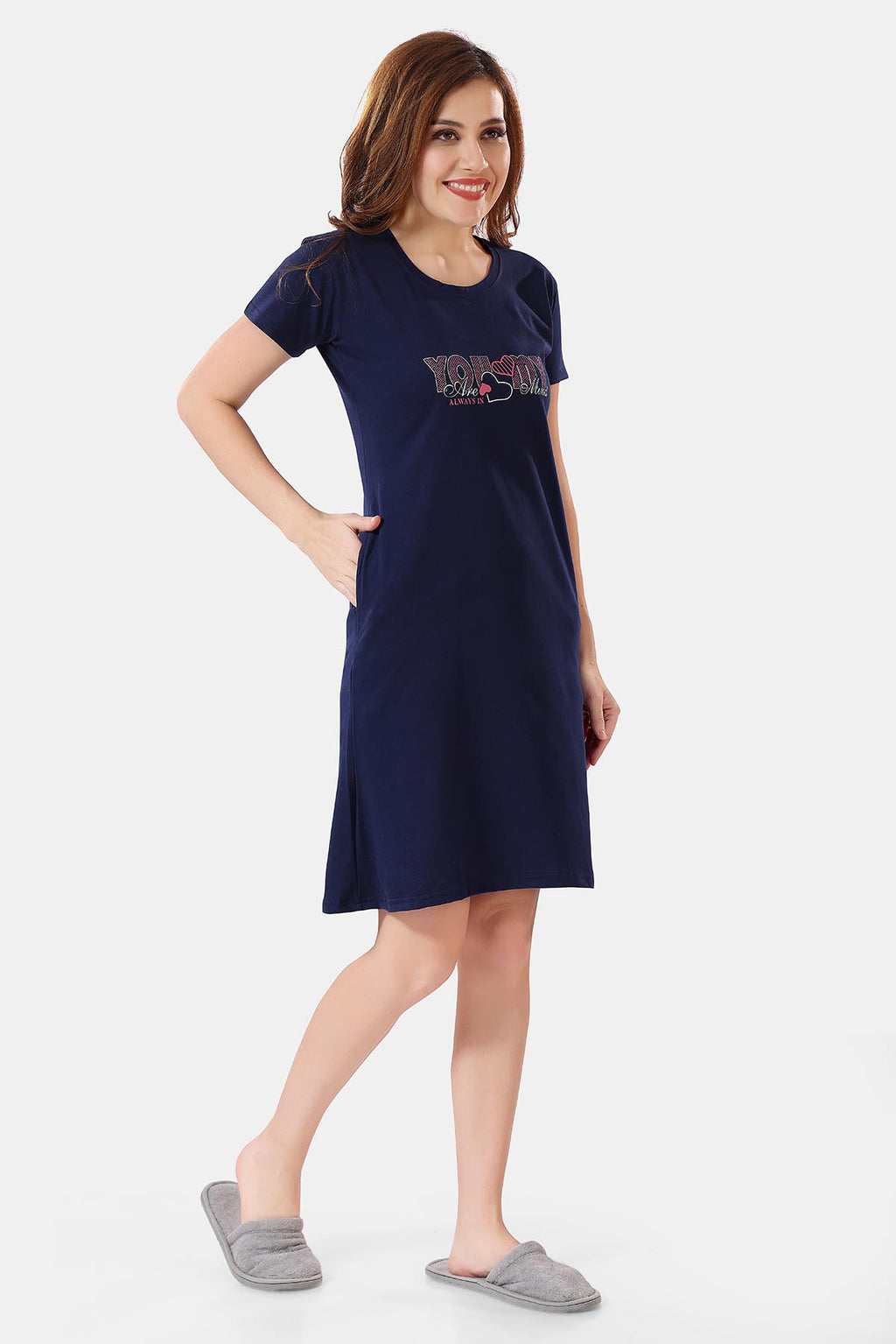 Navy Blue Solid Hosiery Cotton Short Midi Nighty for Women