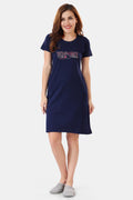 Navy Blue Solid Hosiery Cotton Short Midi Nighty for Women