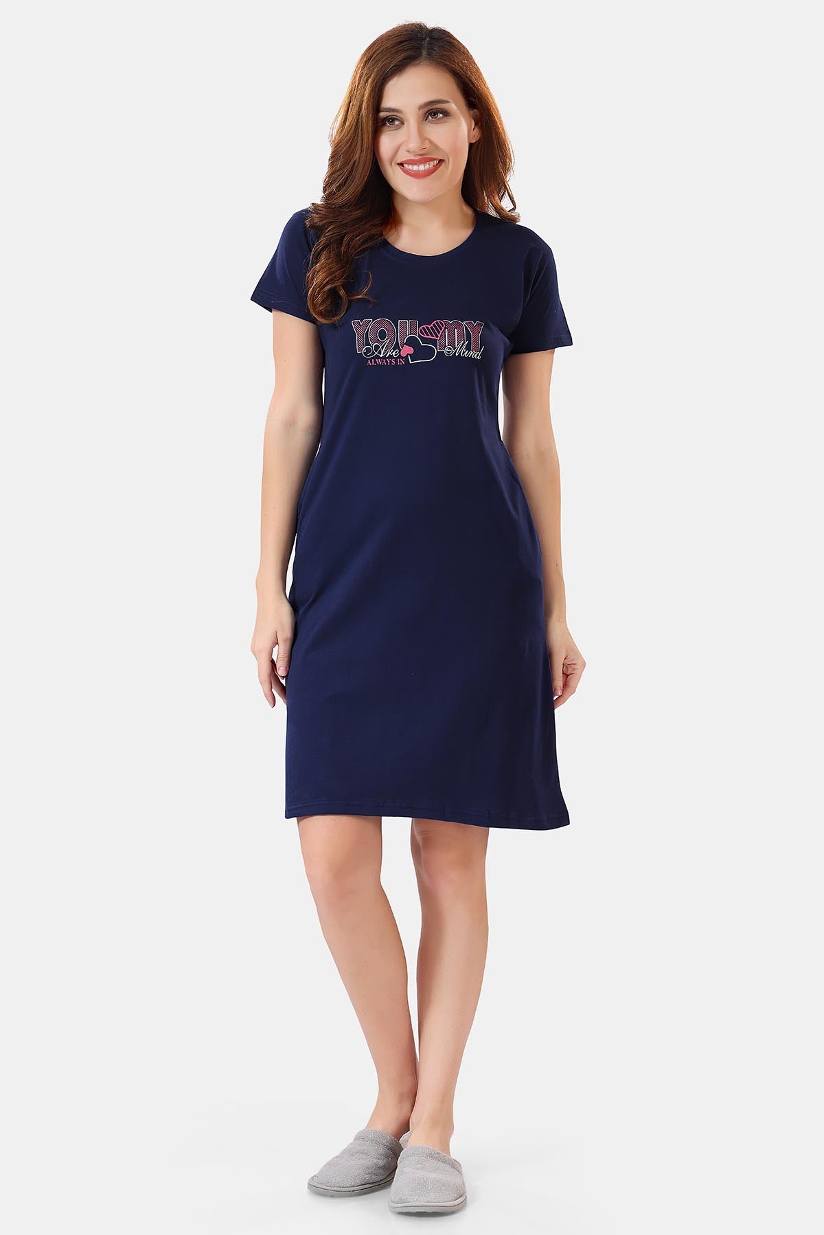 Navy Blue Solid Hosiery Cotton Short Midi Nighty for Women