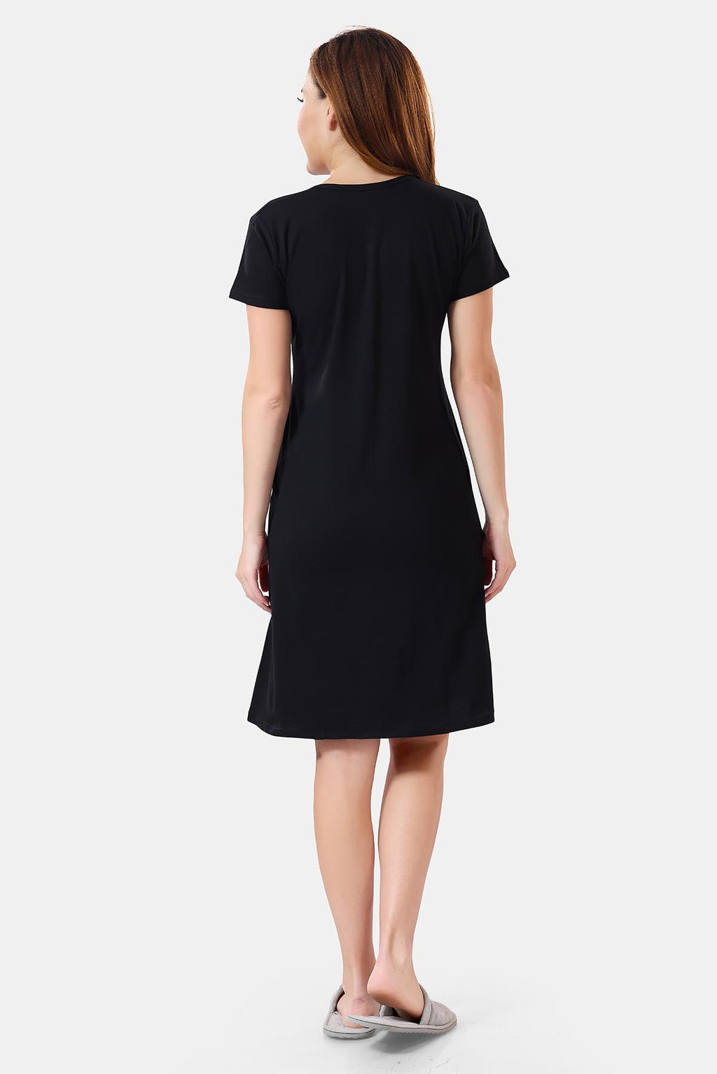 Black Hosiery Cotton Short Midi Nighty with Pockets for Women