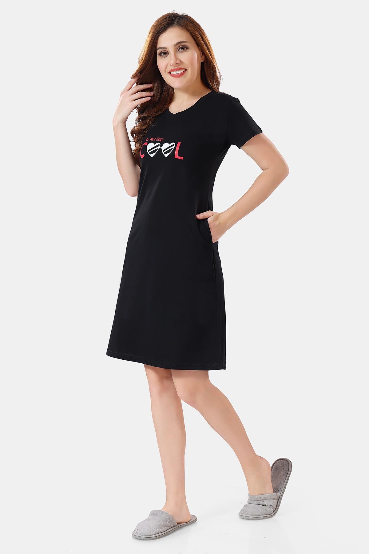 Black Hosiery Cotton Short Midi Nighty with Pockets for Women
