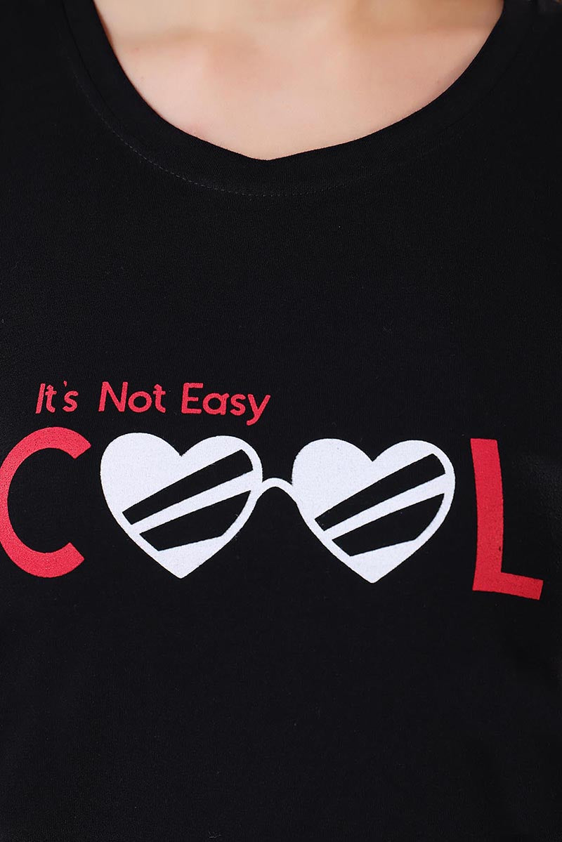 Black Hosiery Cotton Short Midi Nighty with Pockets for Women