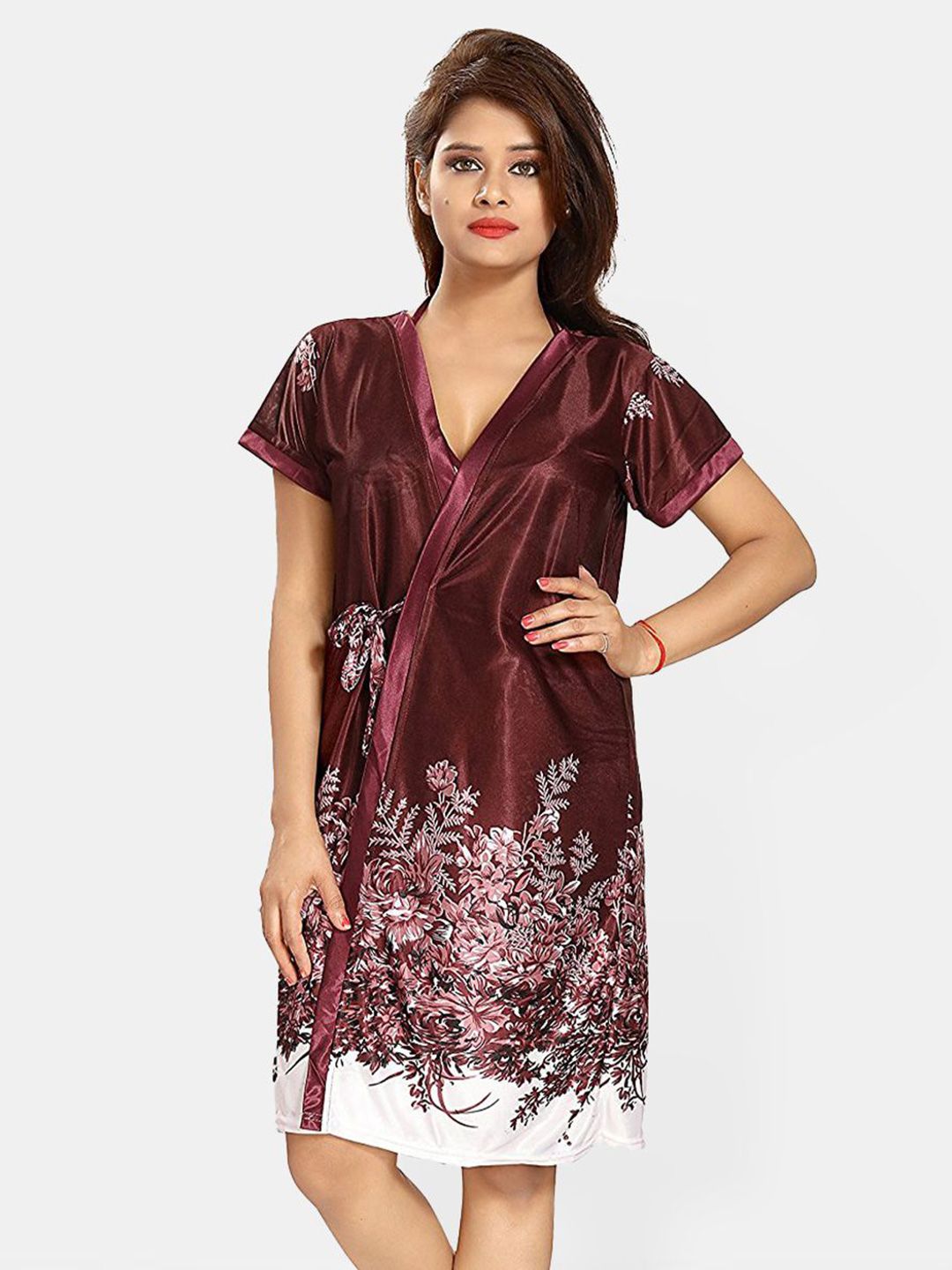 Be You Set Of 3 Women Satin Floral Printed Above Knee Wrap Nightdress with Lingerie Set