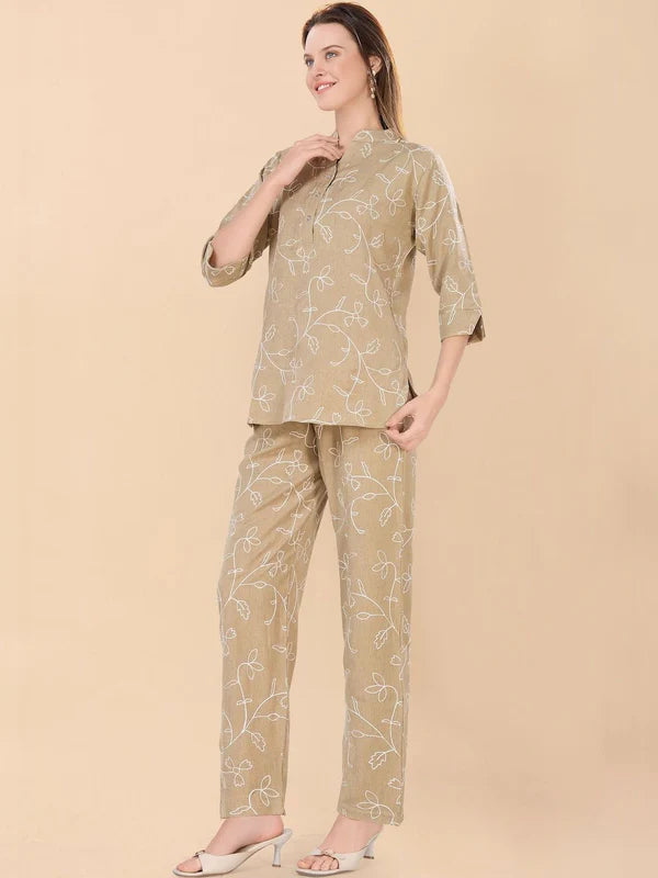 Beige Embroidered Tunic & Trousers