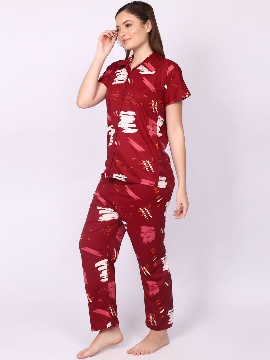 Women Maroon Printed Night suit