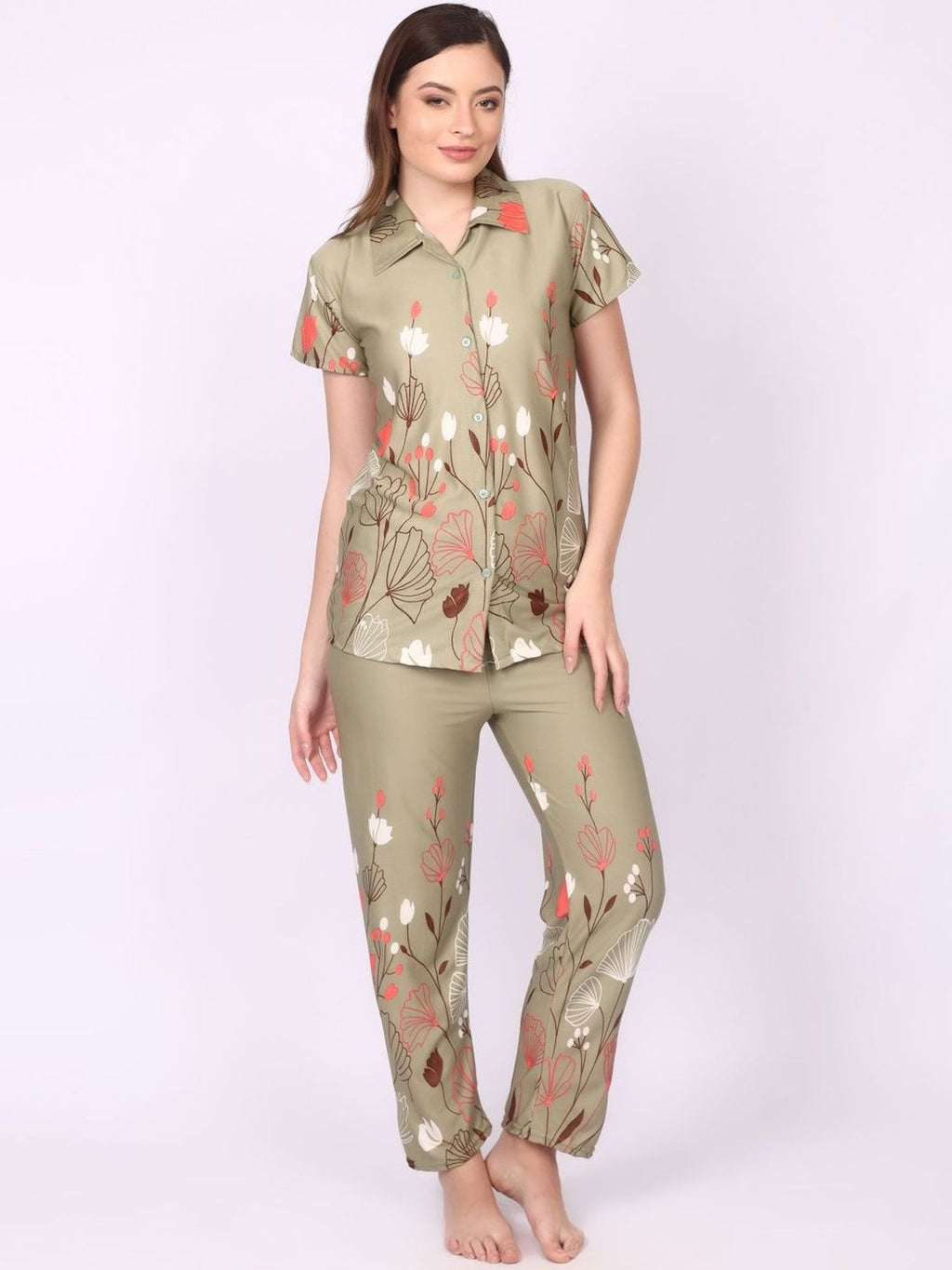 Women Olive Satin Printed Night suit