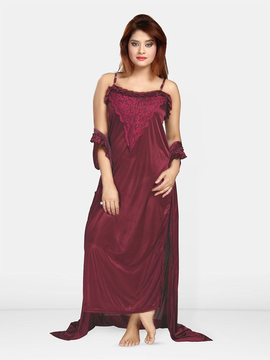 Women Self Design Maxi Nightdress with Robe