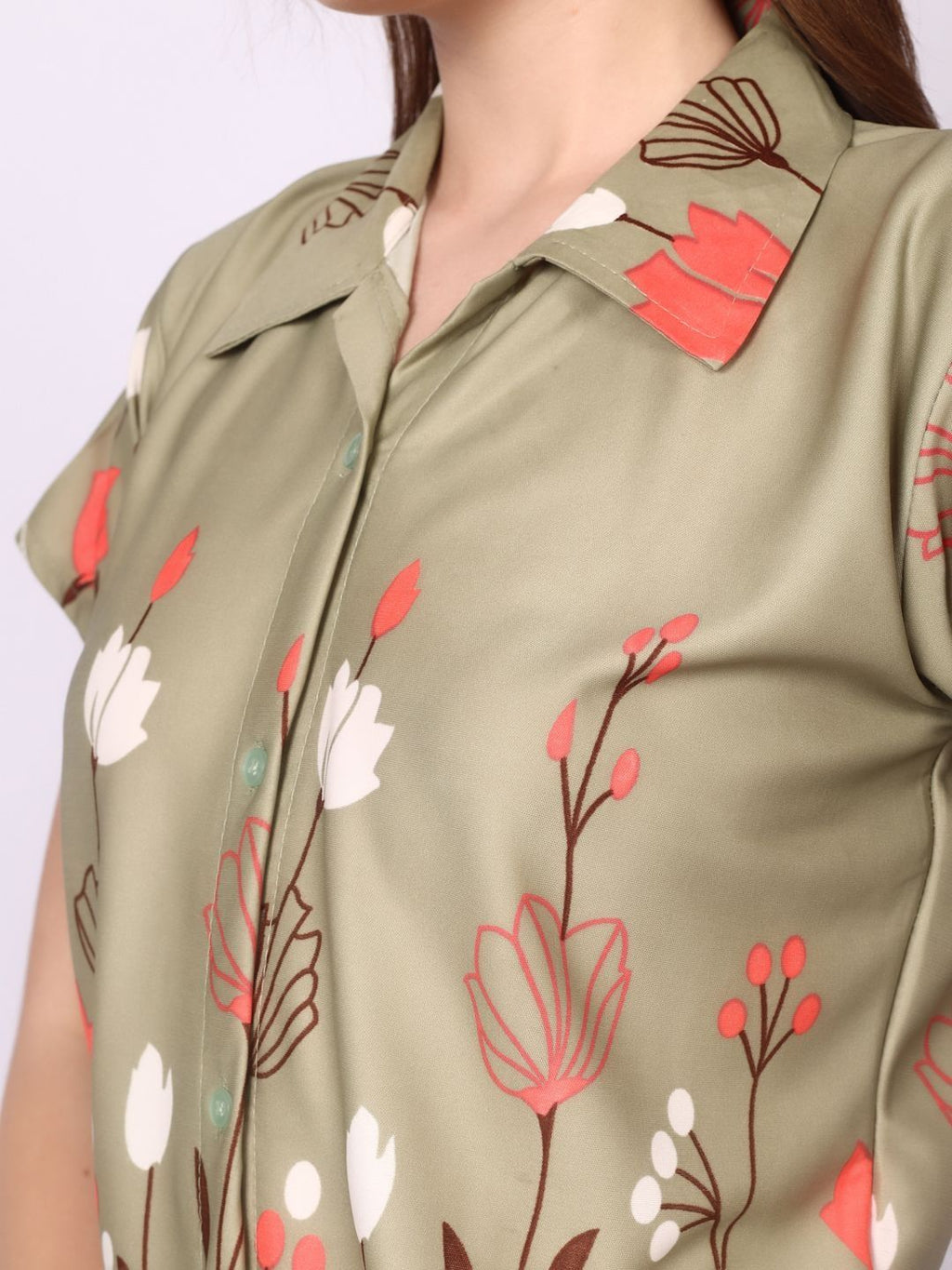 Women Olive Satin Printed Night suit