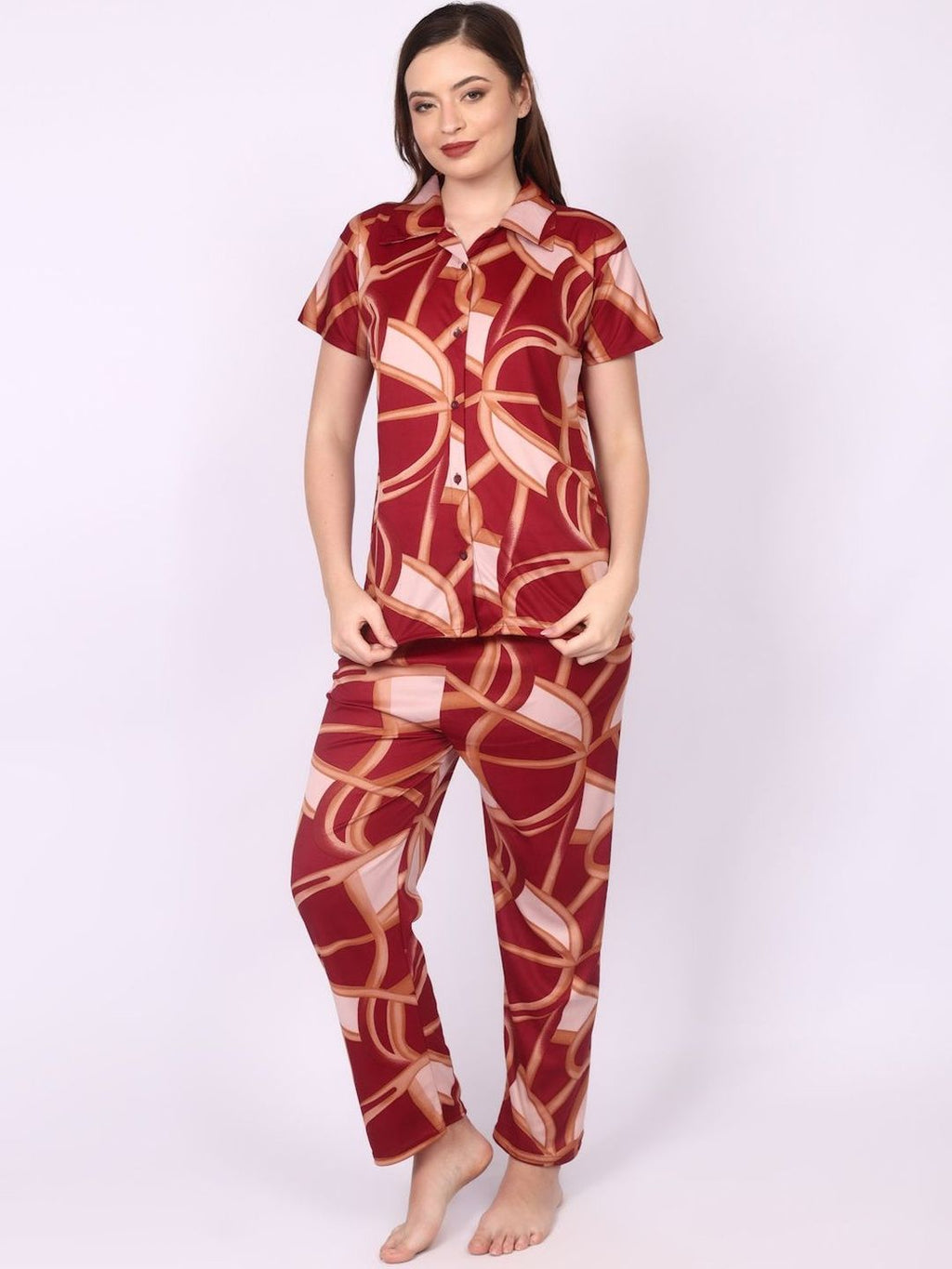 Be You Women Maroon Printed Night suit