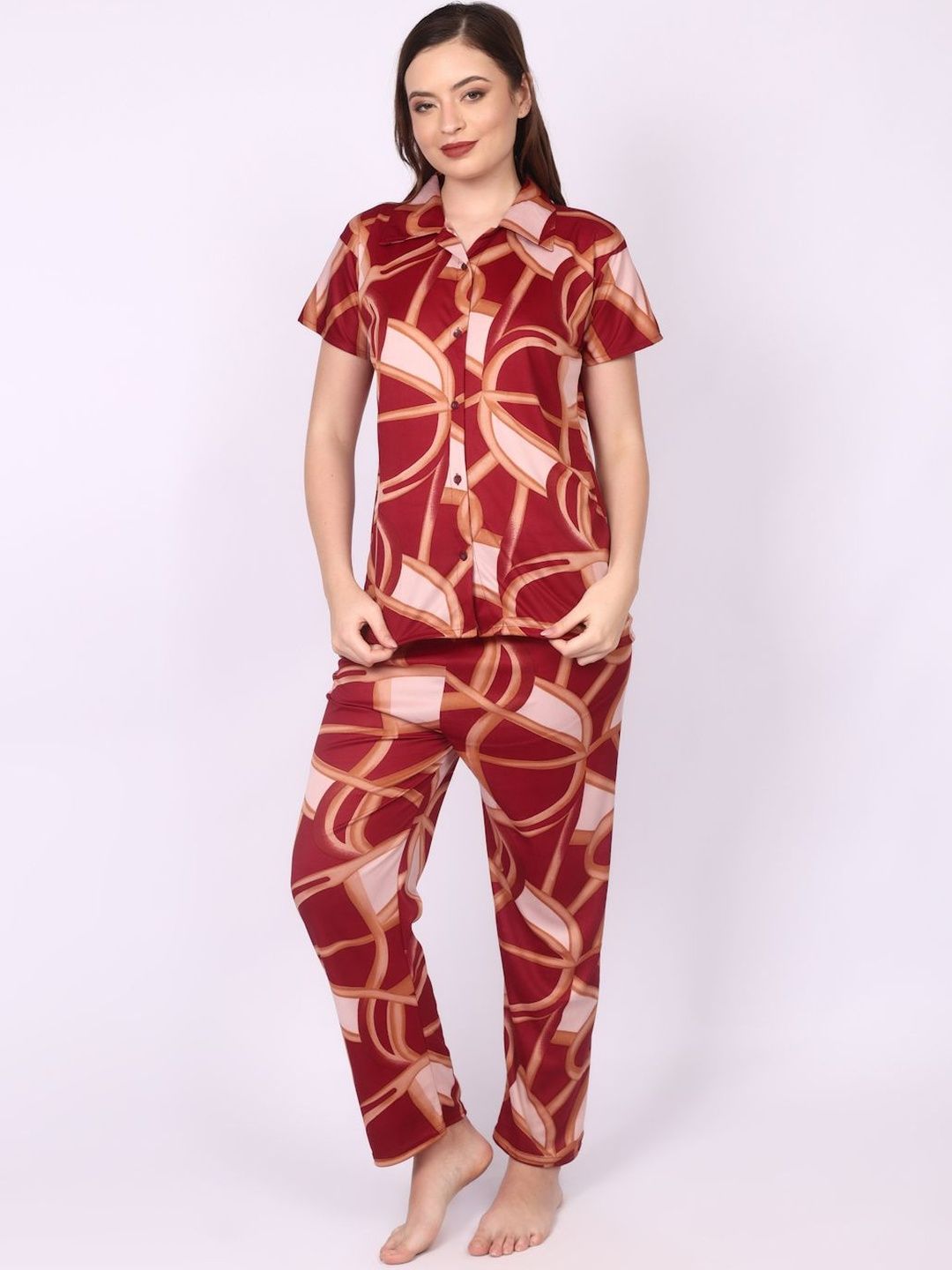 Be You Women Maroon Printed Night suit