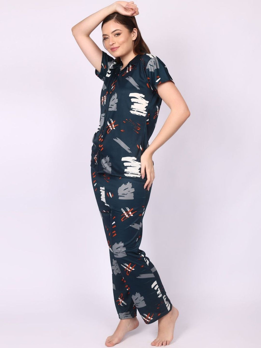 Women Satin Abstract Print Top & Pyjama Night Suit