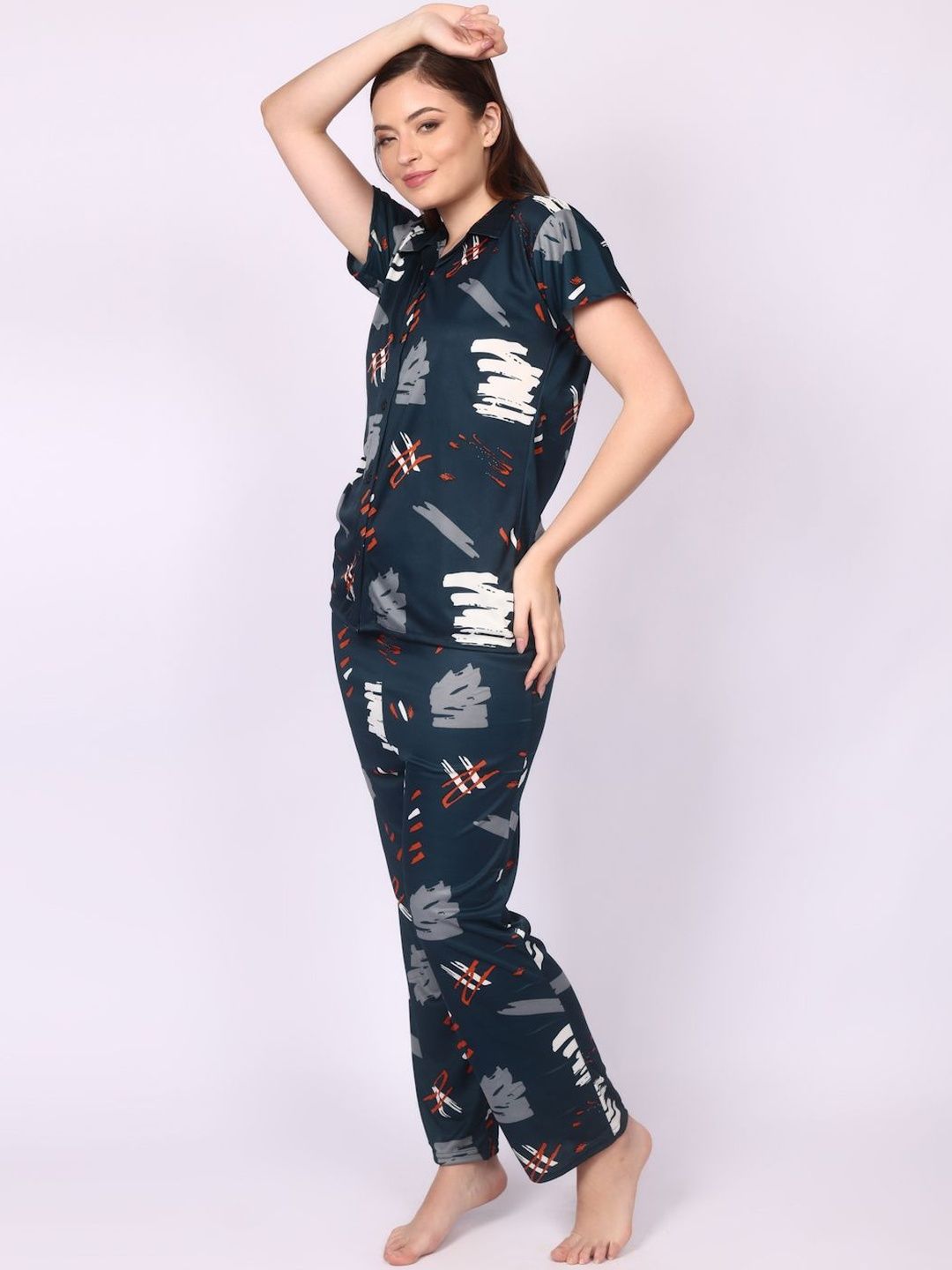 Women Satin Abstract Print Top & Pyjama Night Suit