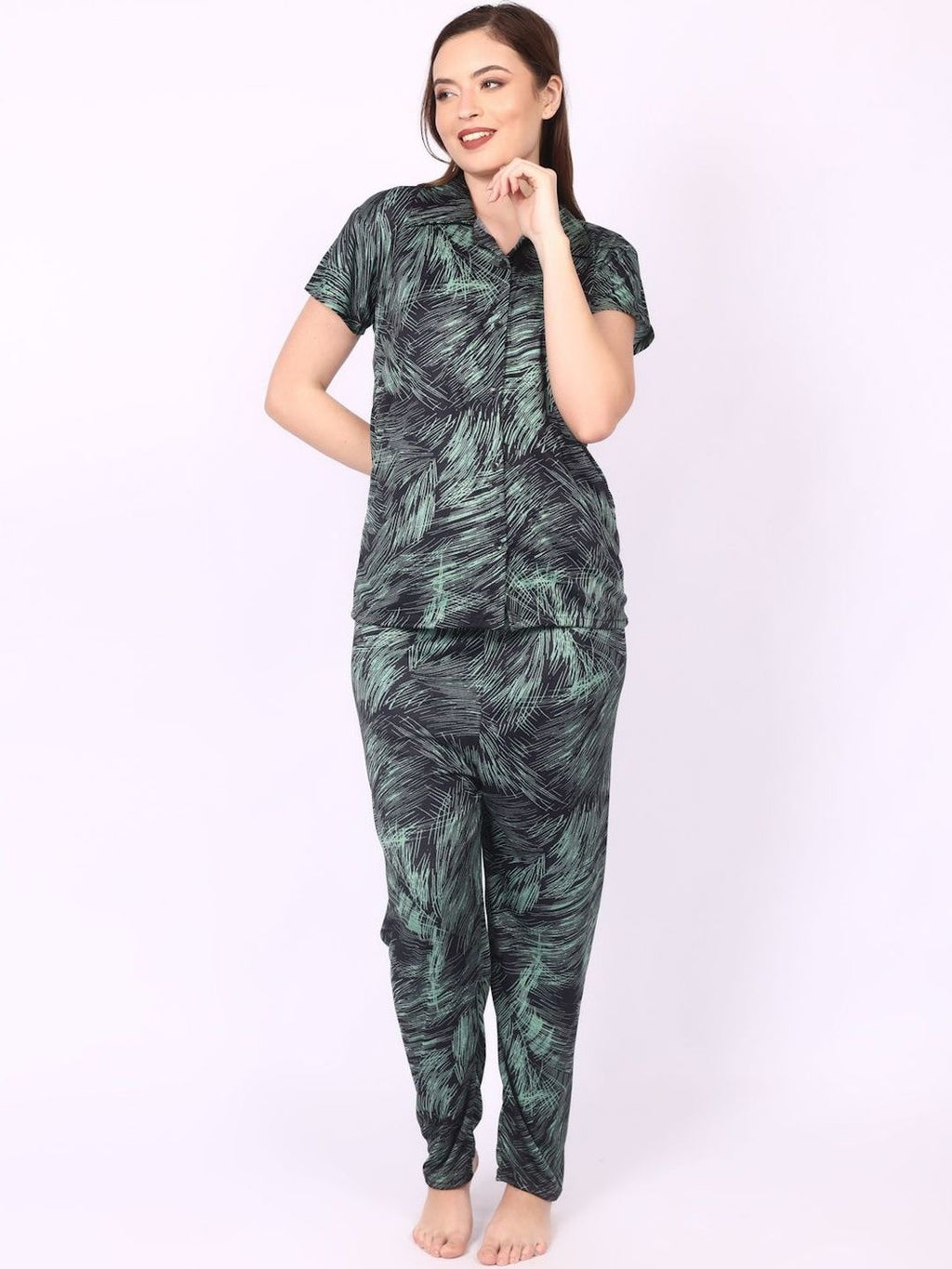 Be You Women Green Satin Shirt Collar Short Sleeves Causal Night Suit