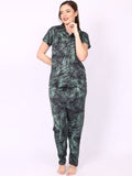 Be You Women Green Satin Shirt Collar Short Sleeves Causal Night Suit