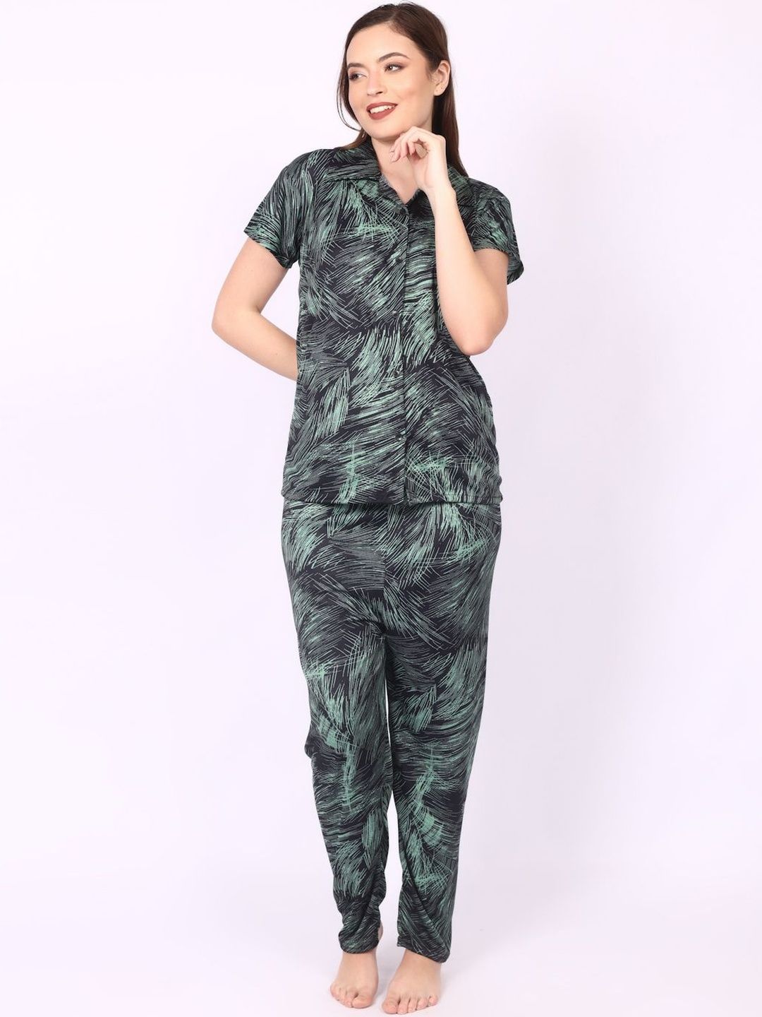 Be You Women Green Satin Shirt Collar Short Sleeves Causal Night Suit