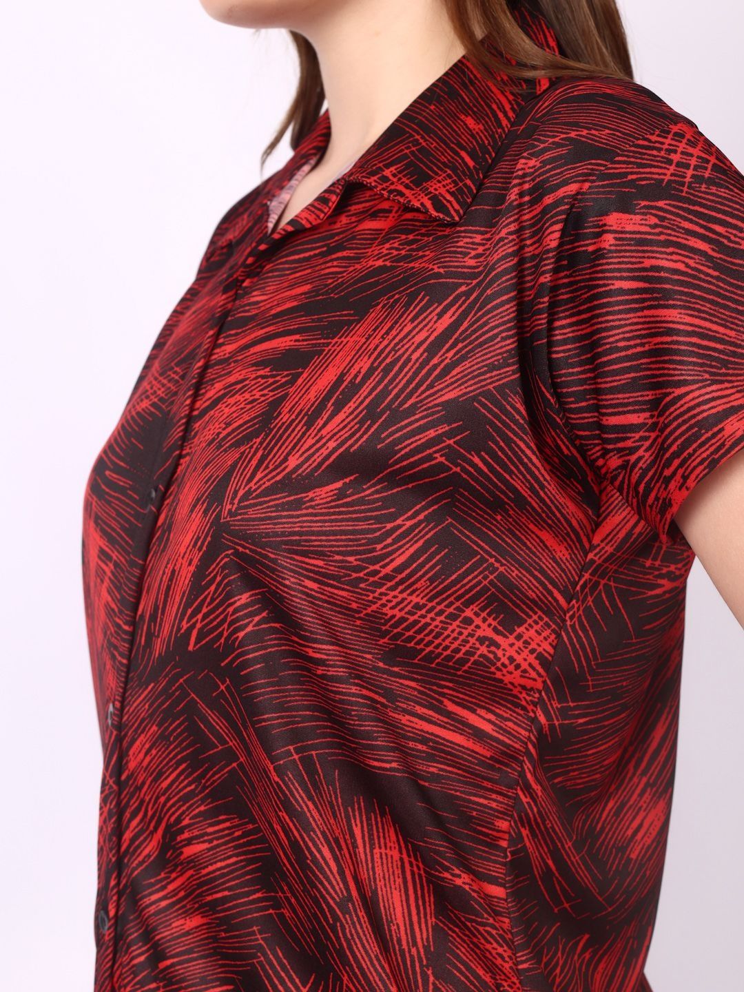 Women Red Satin Shirt Collar Short Sleeves Causal Night Suit