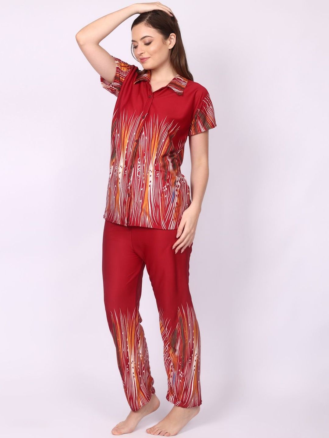 Women Maroon Printed Satin Night suit