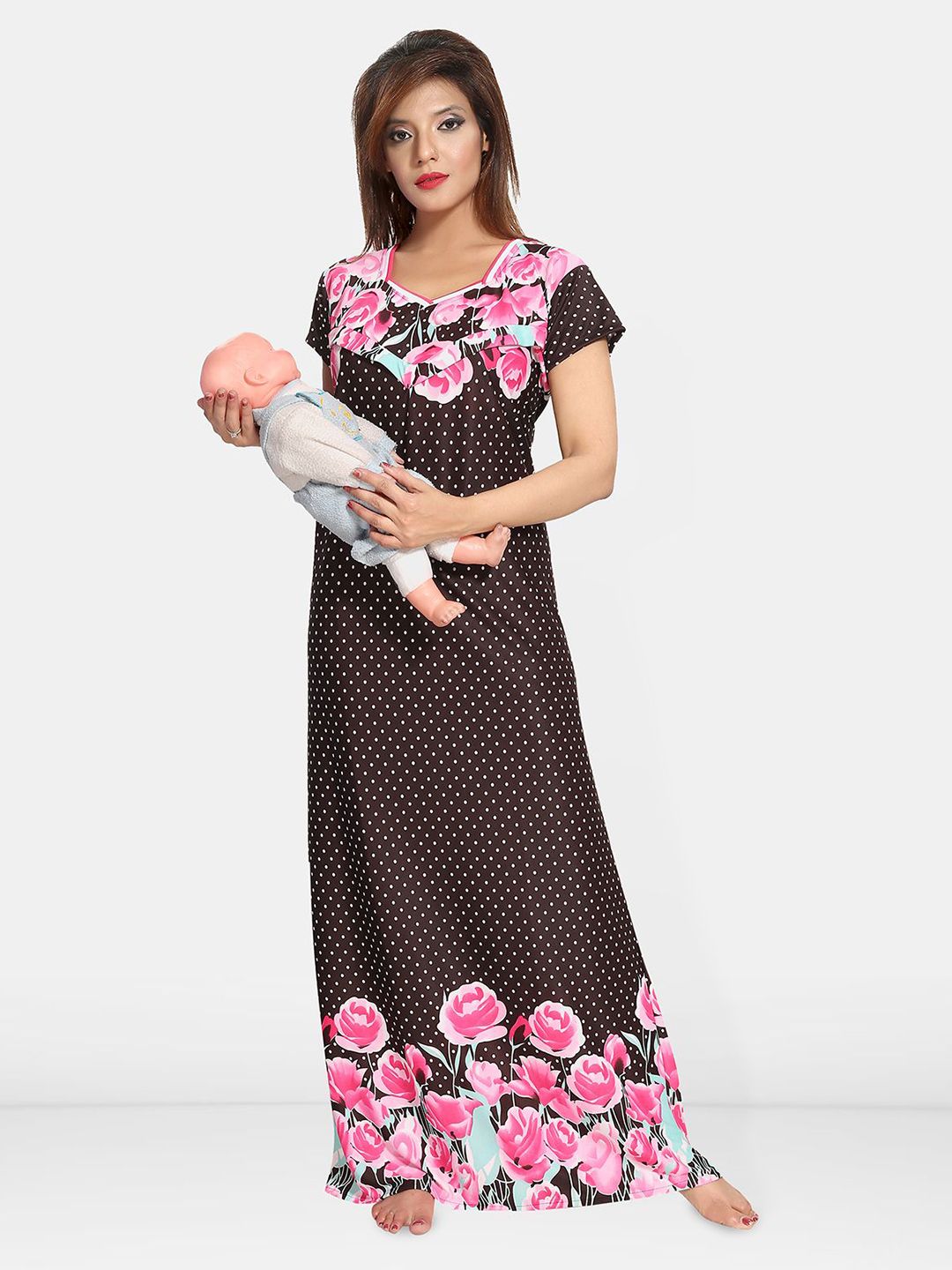 Be You Women Satin Printed Short Sleeves Maxi Maternity Nightdress