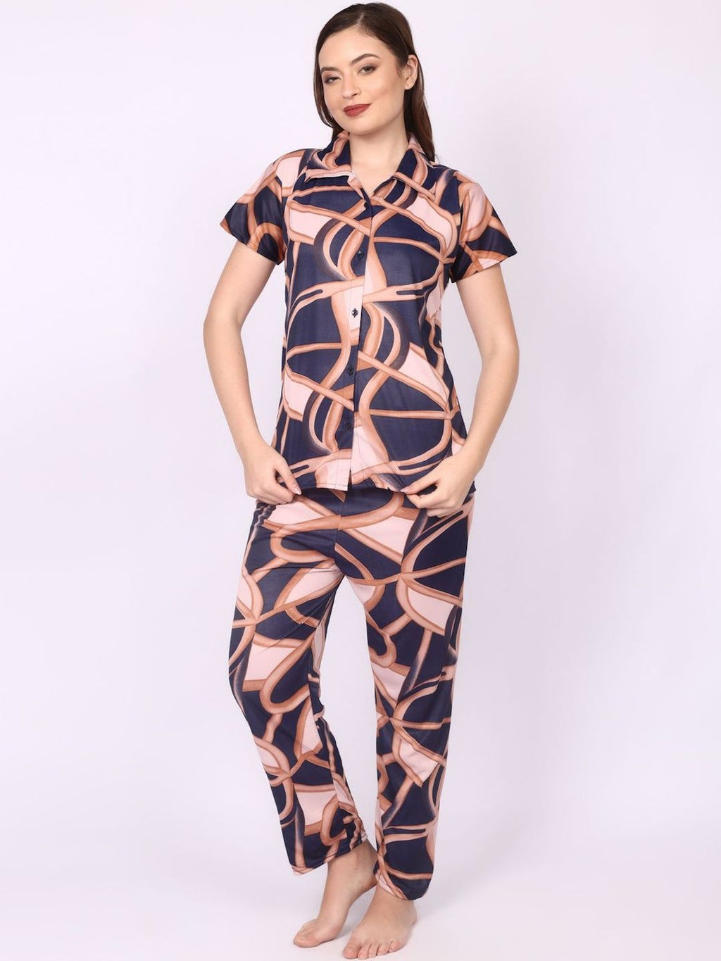 Women Satin Geomatric Print Printed Night suit