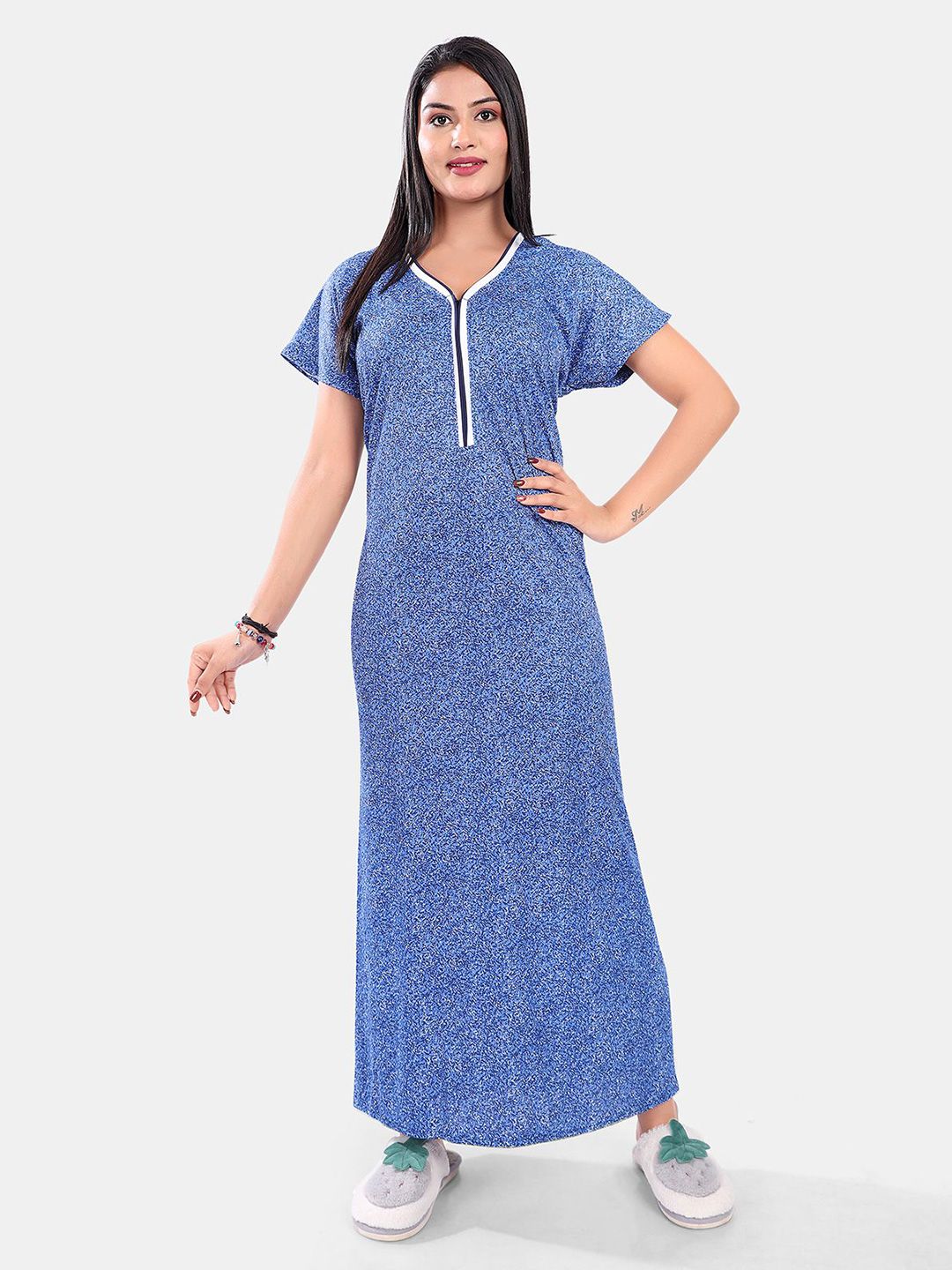 Be You Women Printed Satin Short Sleeves Maxi Nightdress