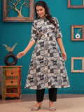 Be You Abstract Printed Mandarin Collar A-Line Kurta With Trousers