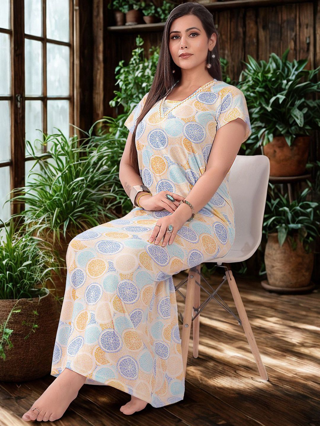 Be You Printed Women Tropical Printed Maxi Sweat Nightdress