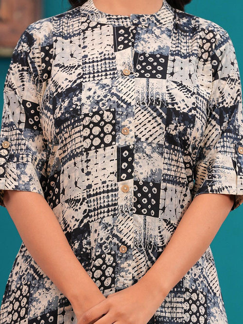 Abstract Printed Mandarin Collar A-Line Kurta With Trousers