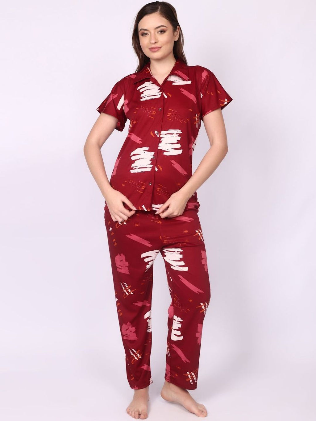 Be You Women Maroon Printed Night suit