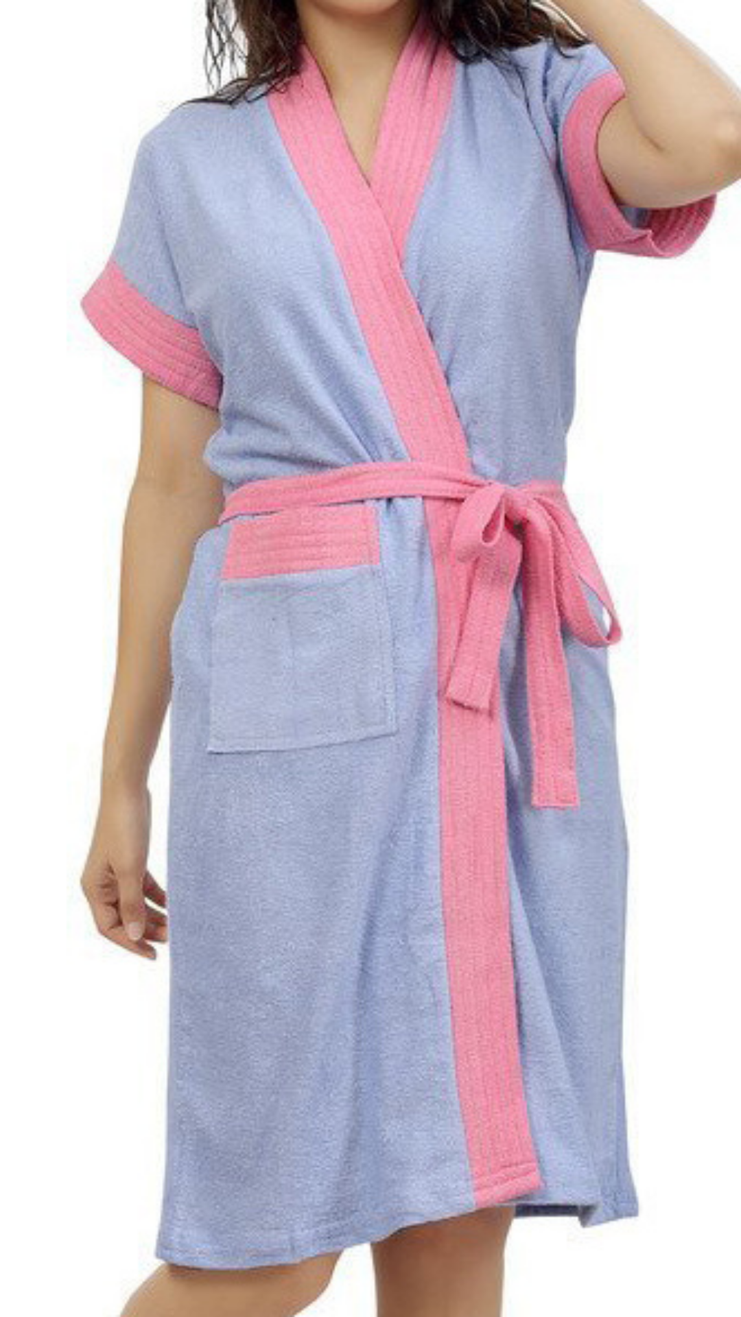 Light Purple Terry Cotton Two-tone Half Sleeves Pack of 1 Bath Gown for Women