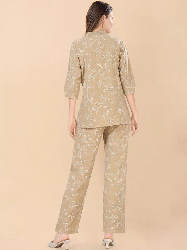 Beige Embroidered Tunic & Trousers