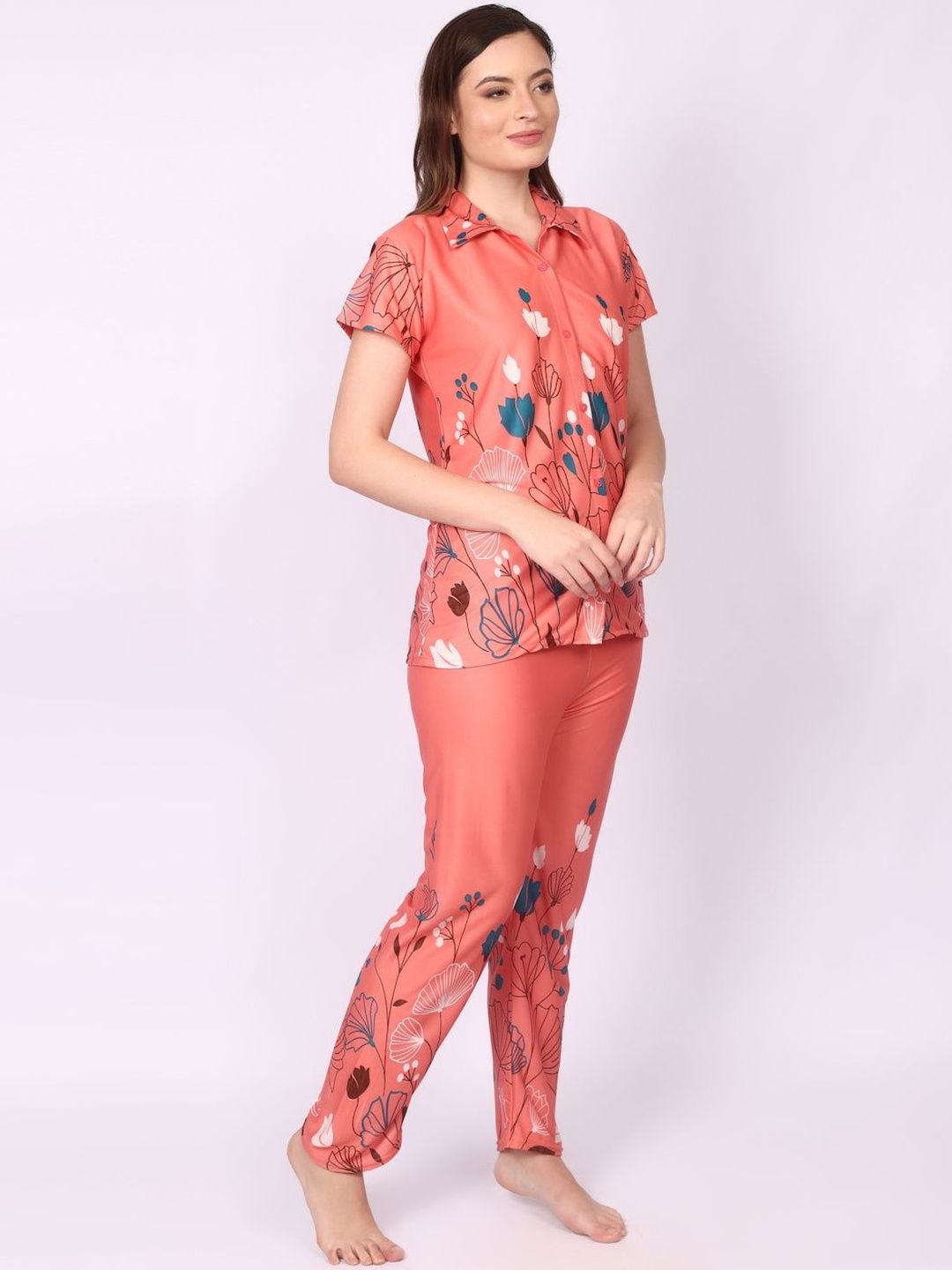 Women Floral Printed Top & Pyjama Night suit