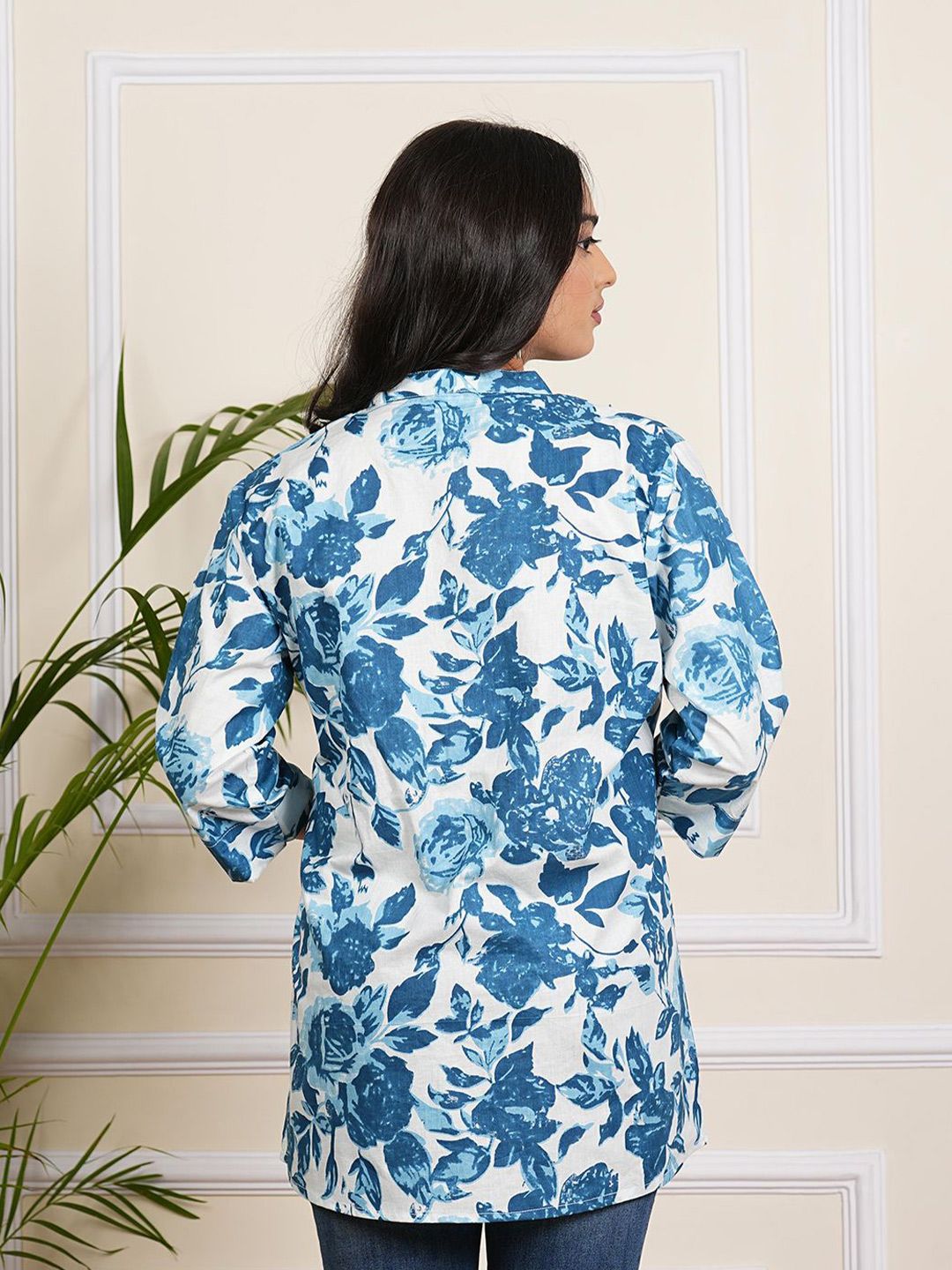 Floral Print Mandarin Collar Roll-Up Sleeves Accordion Pleats A-Line Top