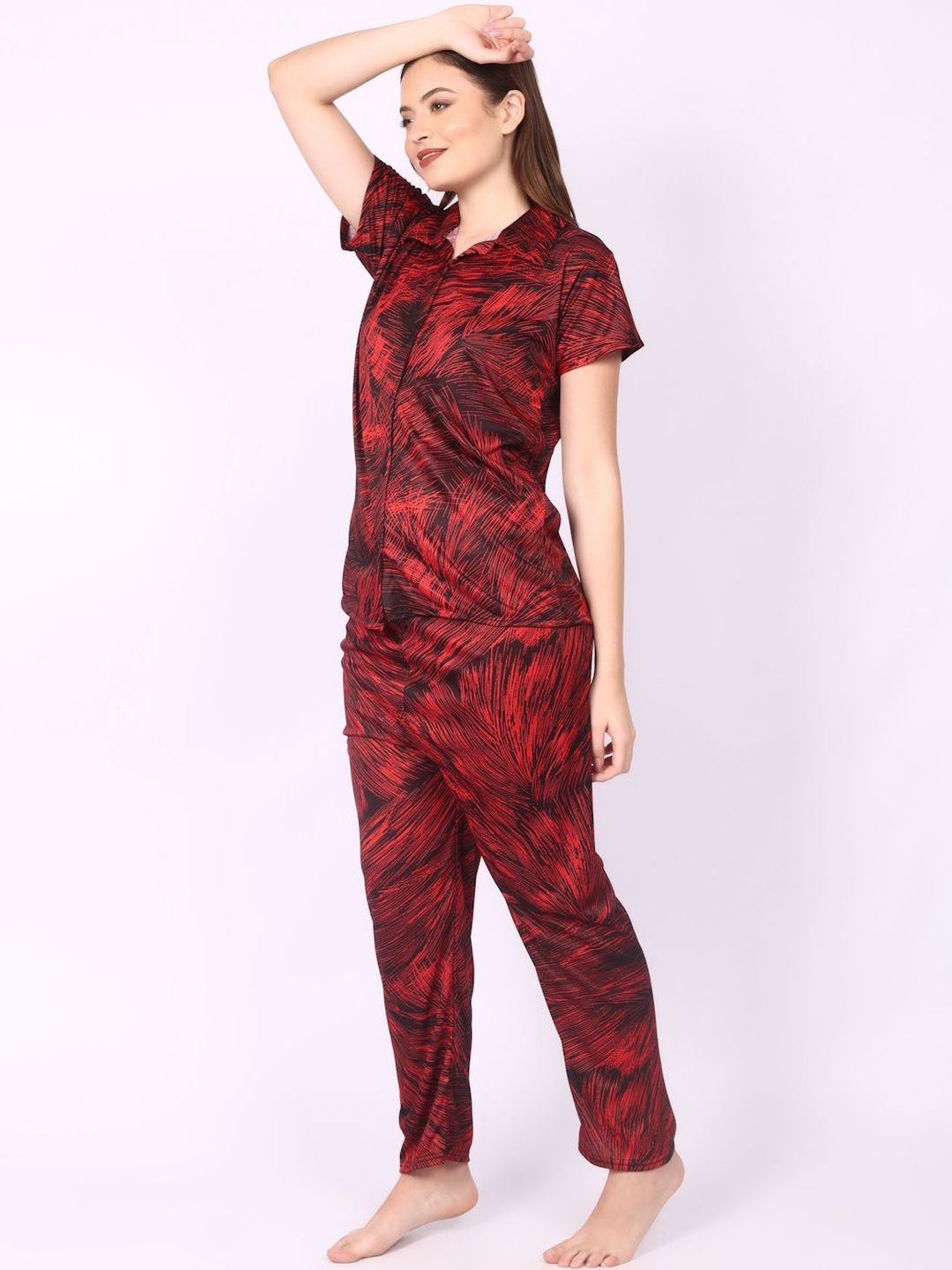 Women Red Satin Shirt Collar Short Sleeves Causal Night Suit