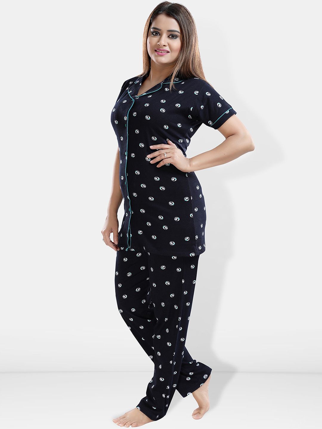 Pack Of 2 Printed Lapel Collar Pure Cotton Night suit