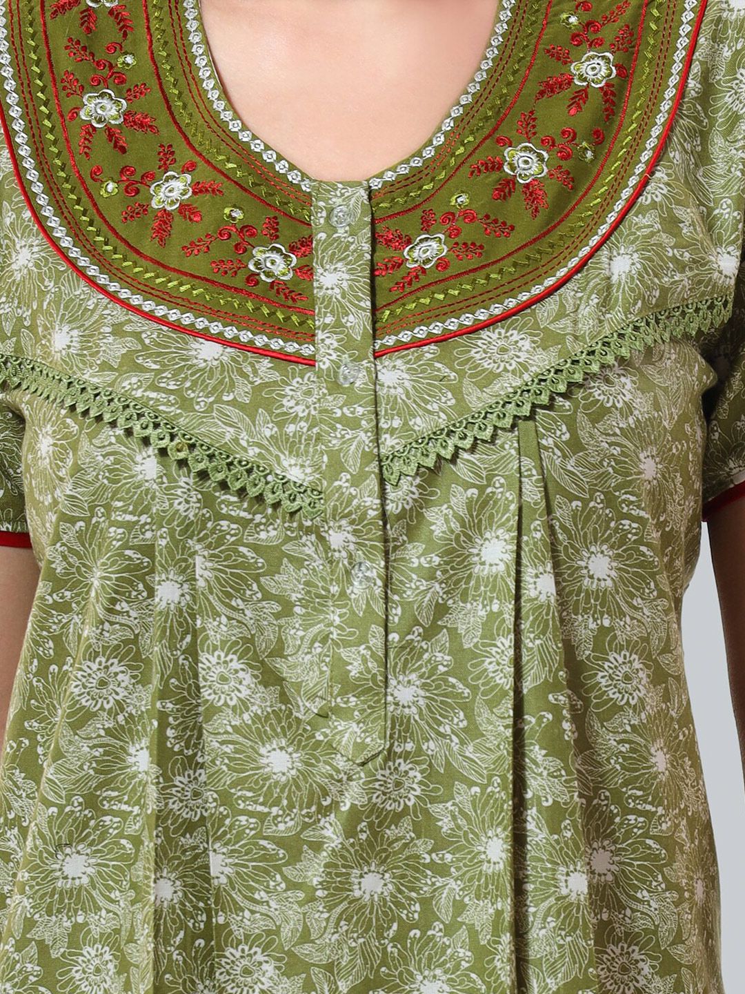 Olive Green Embroidered Maxi Nightdress