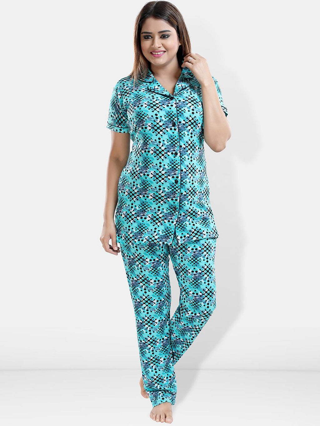 Be You Geometric Printed Lapel Collar Night Suit