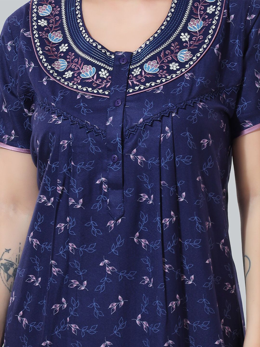Navy Blue Embroidered Maxi Nightdress
