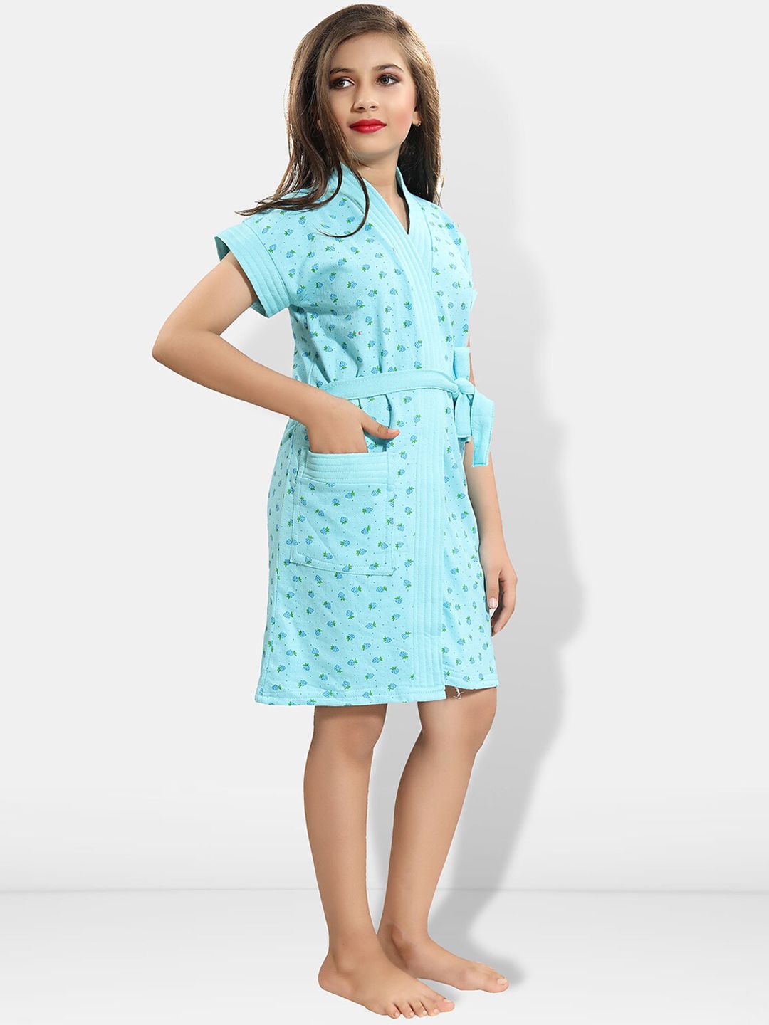 Blue Conversational Cotton Drawstring Knee Length Bath Robe