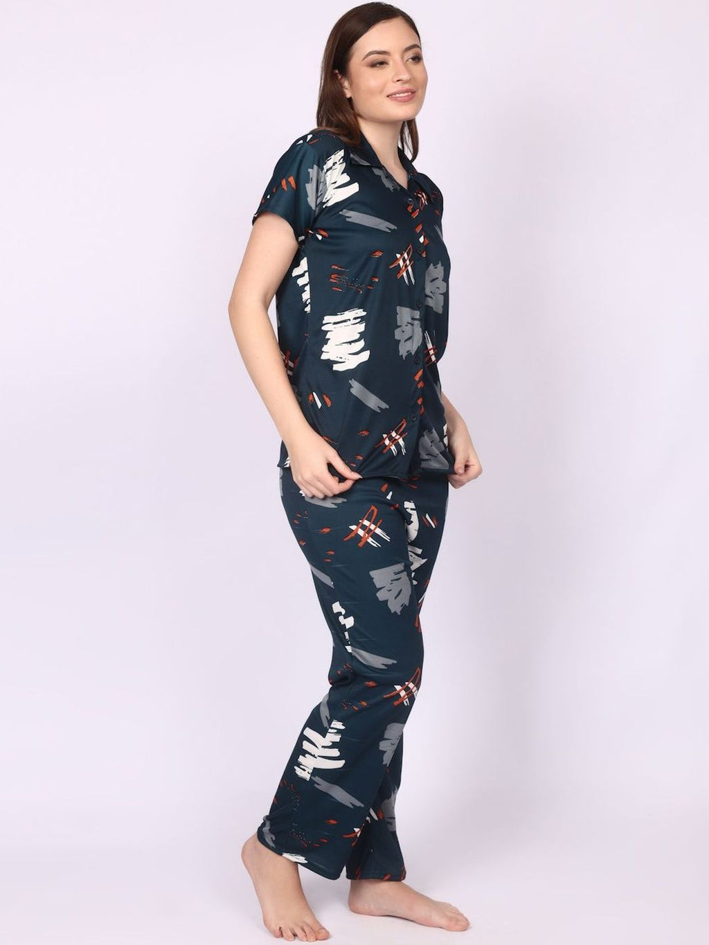 Women Satin Abstract Print Top & Pyjama Night Suit