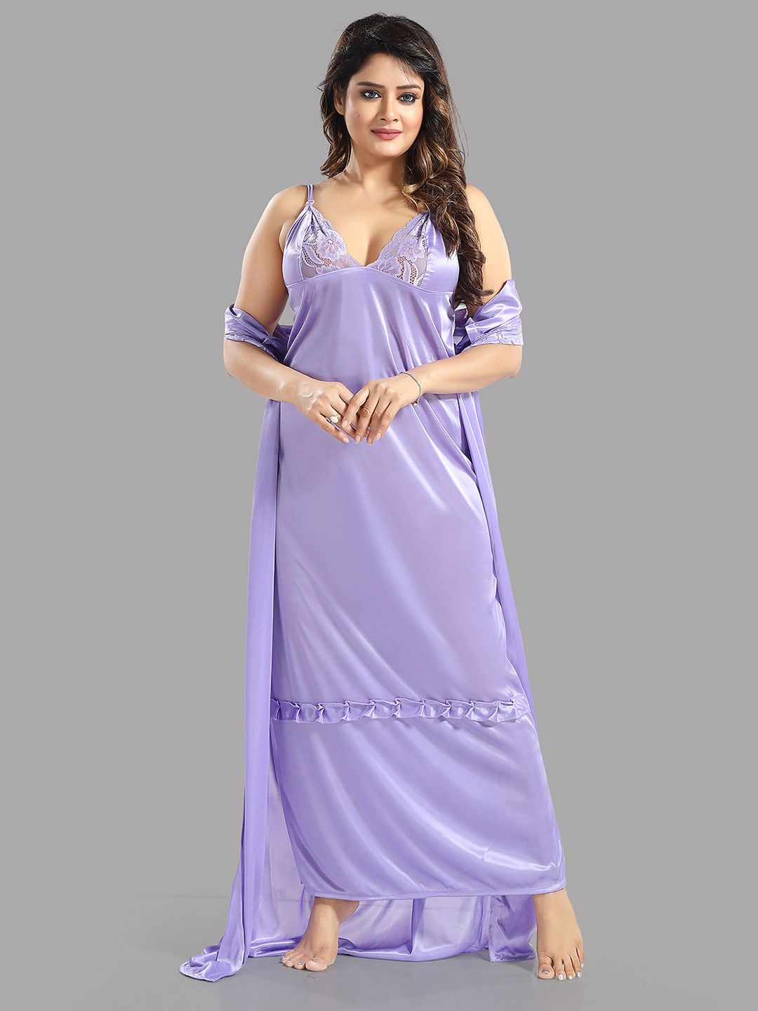 Lavender Satin Maxi Shoulder Straps Nightdress