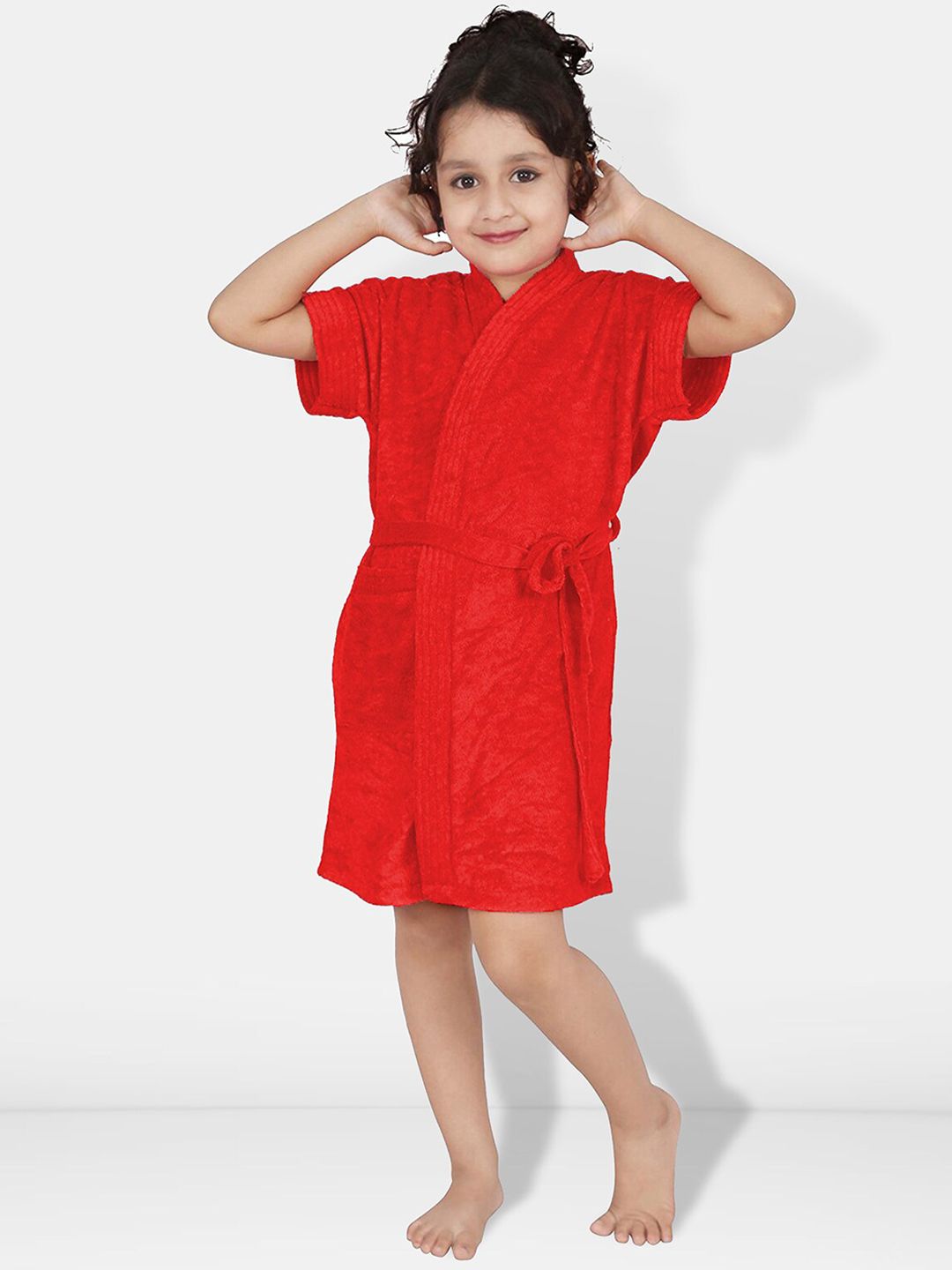 Be You Red Solid Cotton Drawstring Knee Length Bath Robe