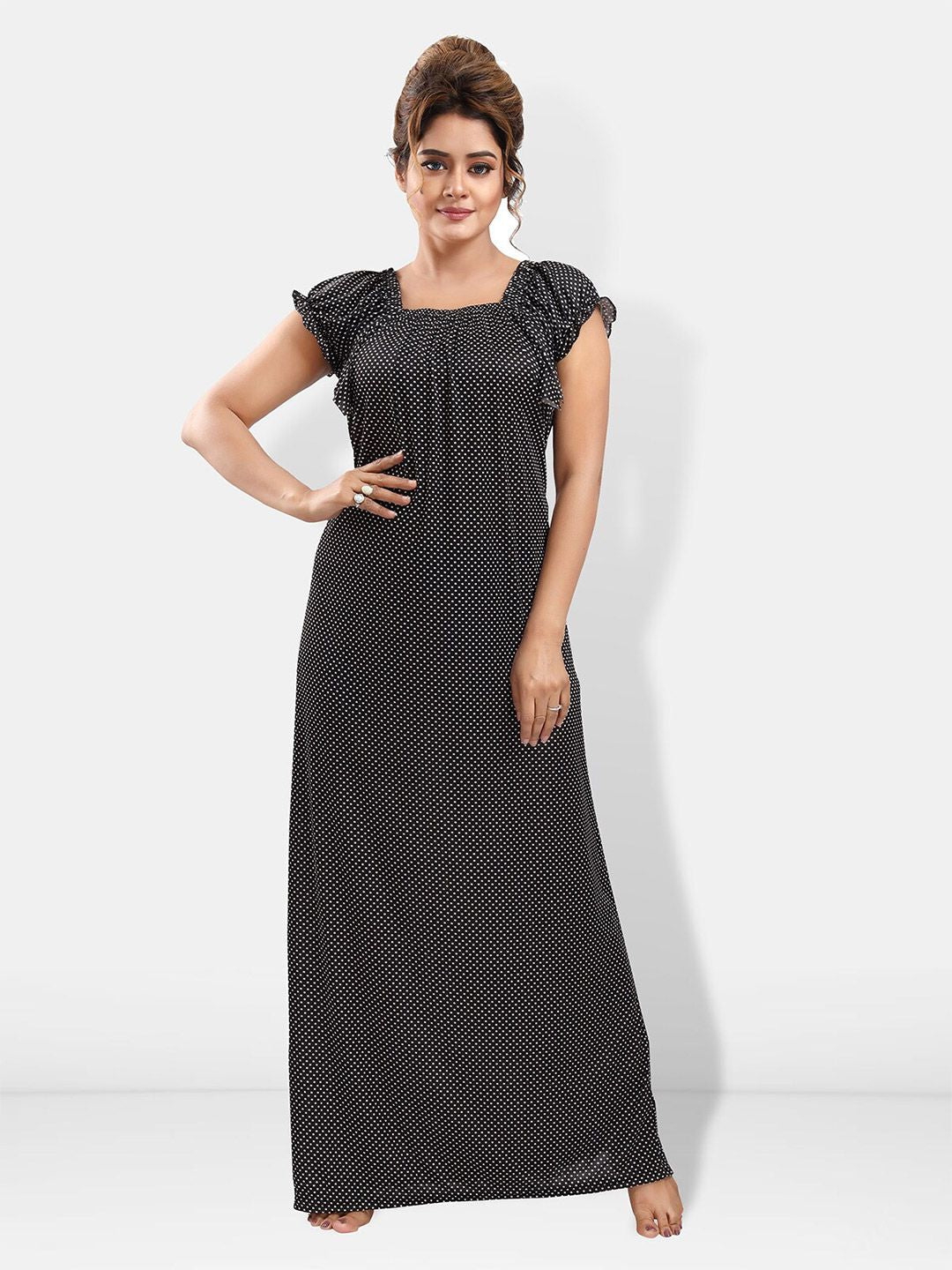 Be You Polka Dots Printed Square Neck Satin Maxi Nightdress