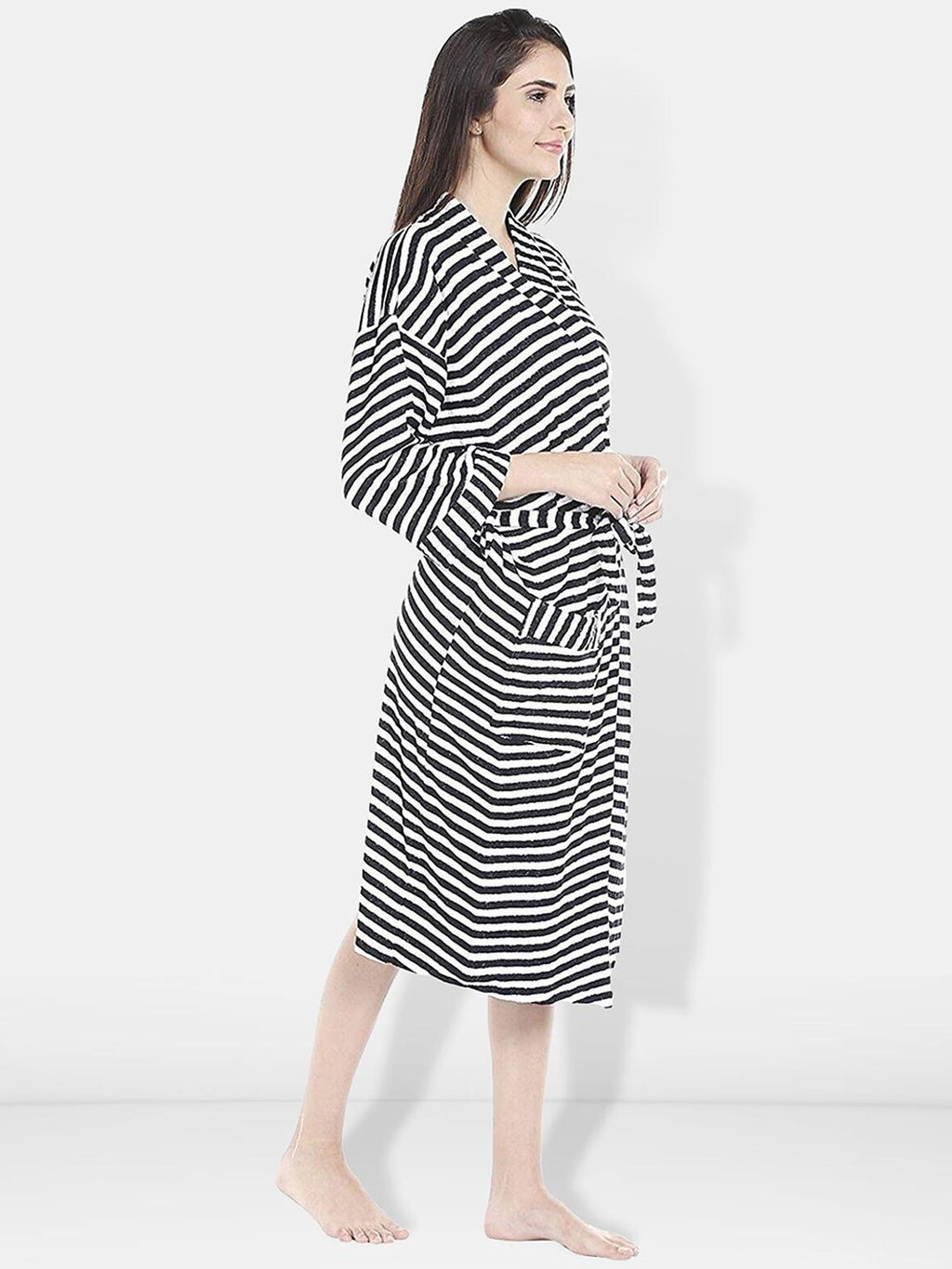 Women Striped Cotton Anti-bacterial Super Soft Bath Robe With Belt