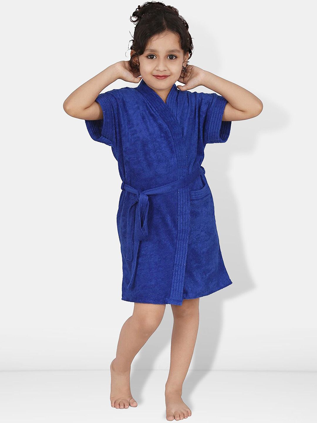 Blue Solid Cotton Drawstring Knee Length Bath Robe