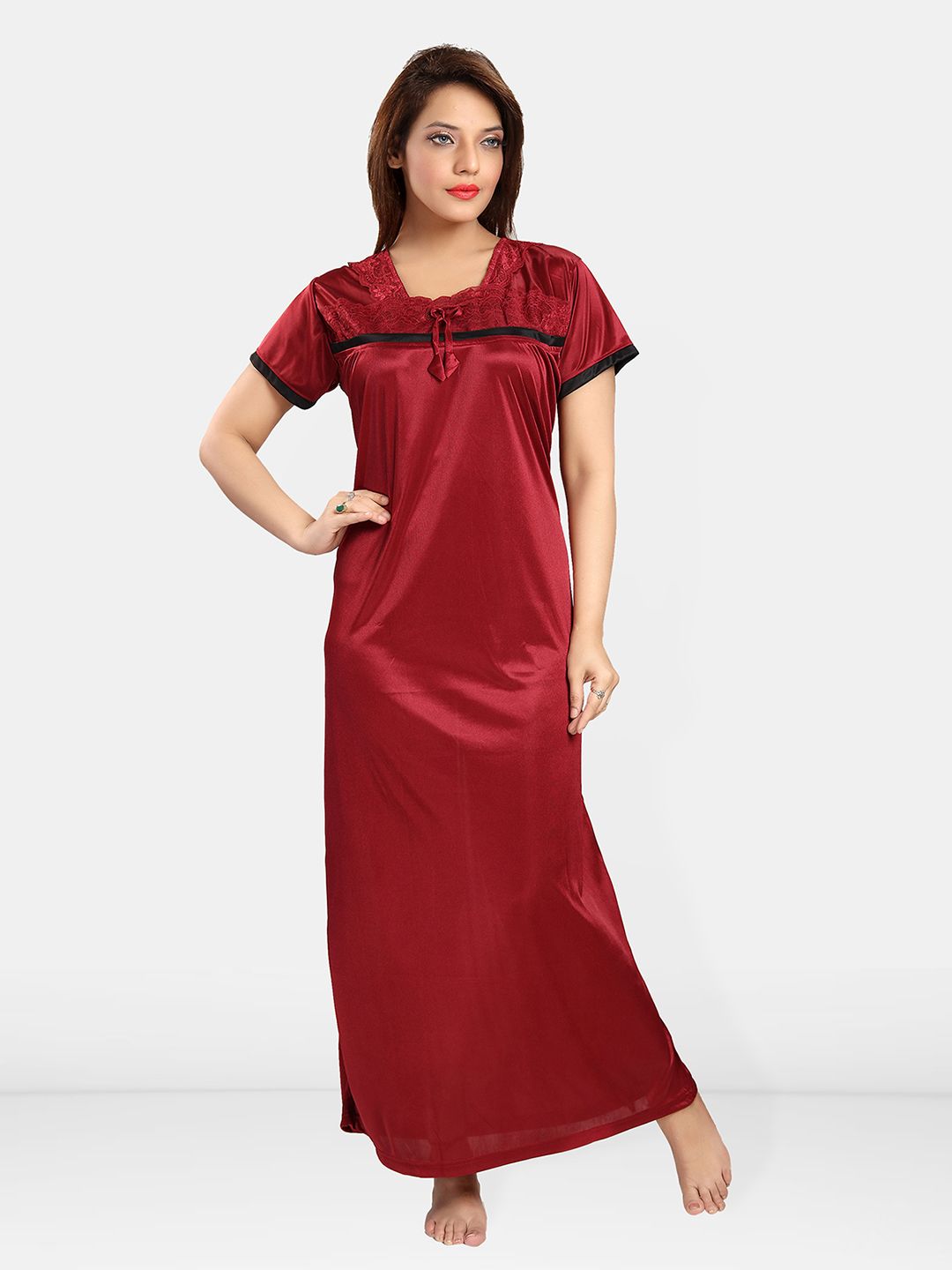 Be You Self Design Square Neck Satin Maxi Nightdress