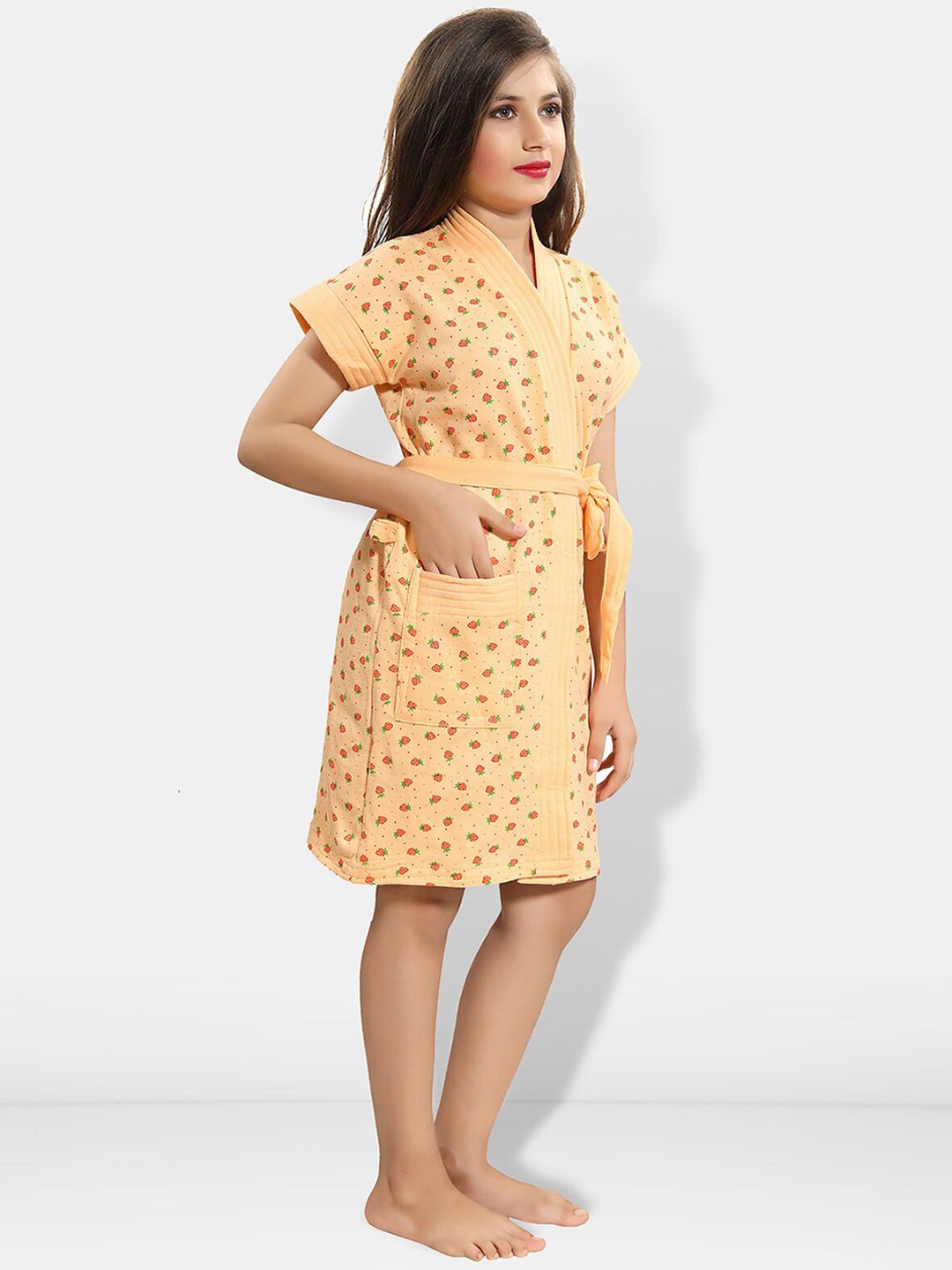 Strawberry Print Peach Conversational Cotton Drawstring Knee Length Bath Robe