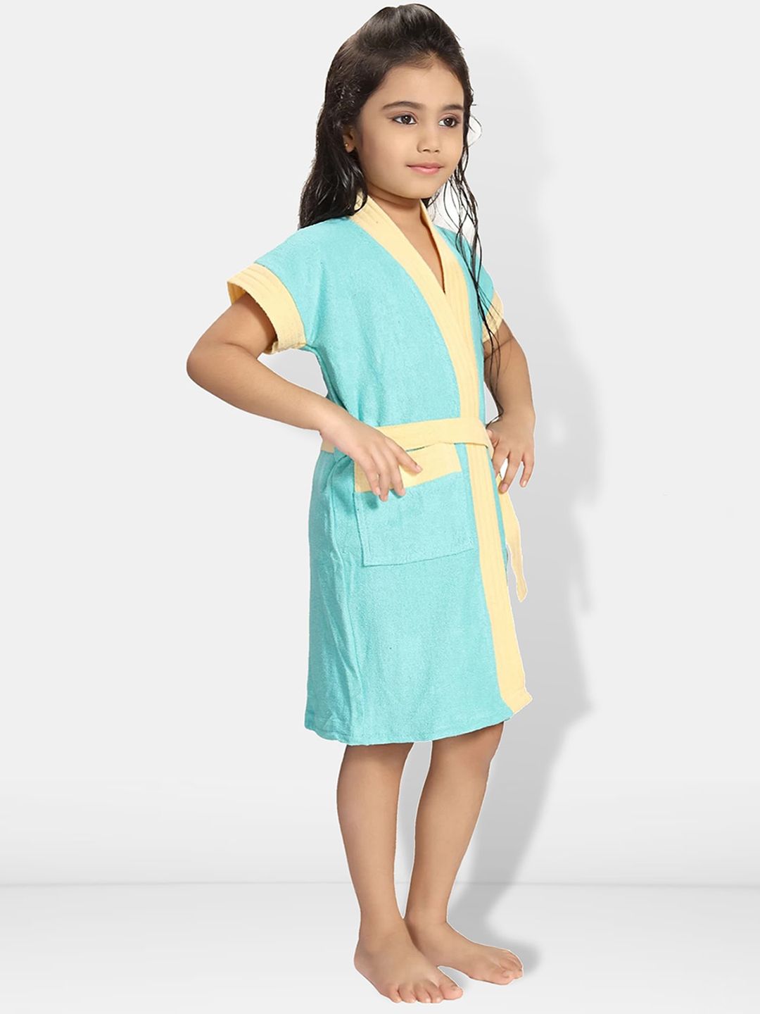 Two-Tone Blue Solid Cotton Drawstring Knee Length Bath Robe