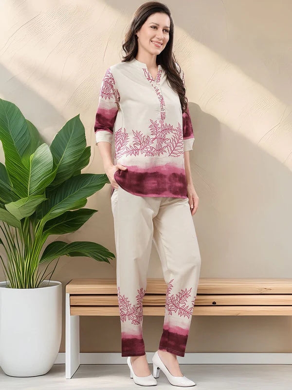Printed Mandarin Collar Tunic With Trousers
