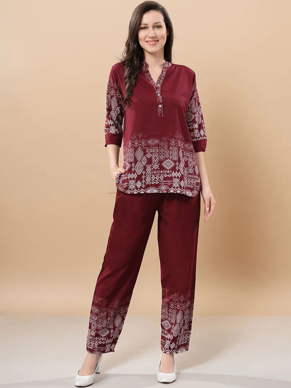 Women's Printed Mandarin Collar Tunic & Trouser Co-ord Set