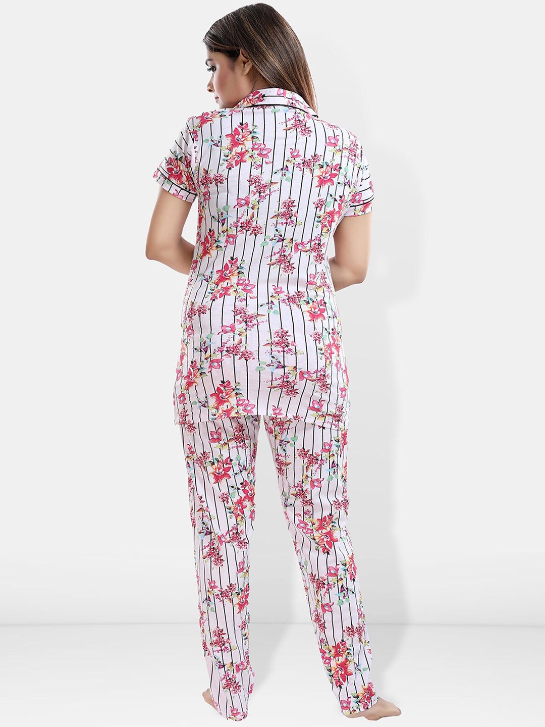 Floral Printed Lapel Collar Night Suit